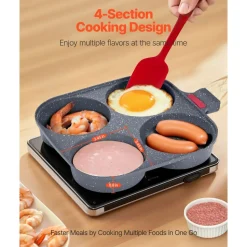 VEVOR Egg Pan, 4-Cup Nonstick Egg Frying Pan, Aluminum Breakfast Omelette Skillet for Pancakes, Hamburgers, Sandwiches, with Lid, Oil Brush, Scraper, Compatible with Gas Stove & Induction Cookware