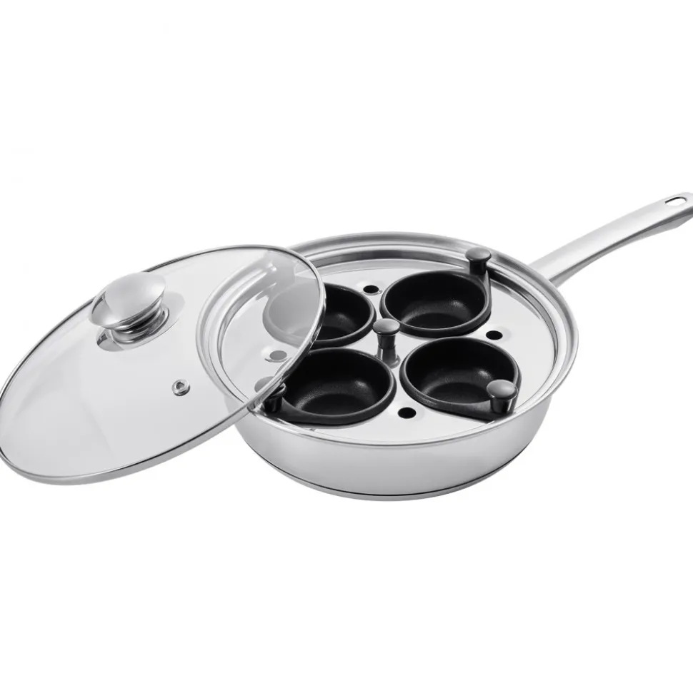 VEVOR Egg Poacher Pan, 4-Cup Poached Egg Maker, Stainless Steel Poaching Pan and Frying Skillet, with 4 Nonsitck Detachable Large Cups, Lid, and Silicone Spatula, Compatible with Induction Stovetop