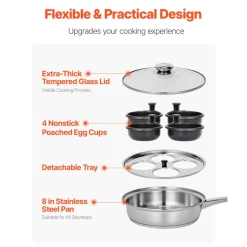 VEVOR Egg Poacher Pan, 4-Cup Poached Egg Maker, Stainless Steel Poaching Pan and Frying Skillet, with 4 Nonsitck Detachable Large Cups, Lid, and Silicone Spatula, Compatible with Induction Stovetop