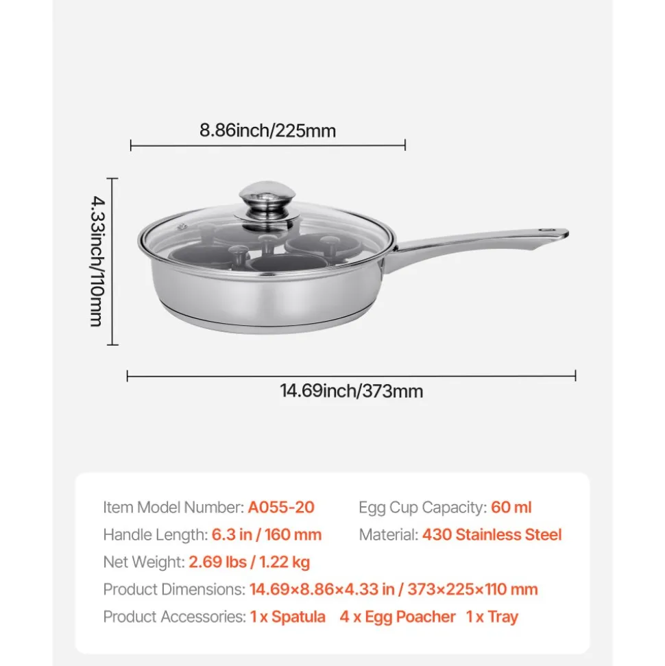 VEVOR Egg Poacher Pan, 4-Cup Poached Egg Maker, Stainless Steel Poaching Pan and Frying Skillet, with 4 Nonsitck Detachable Large Cups, Lid, and Silicone Spatula, Compatible with Induction Stovetop