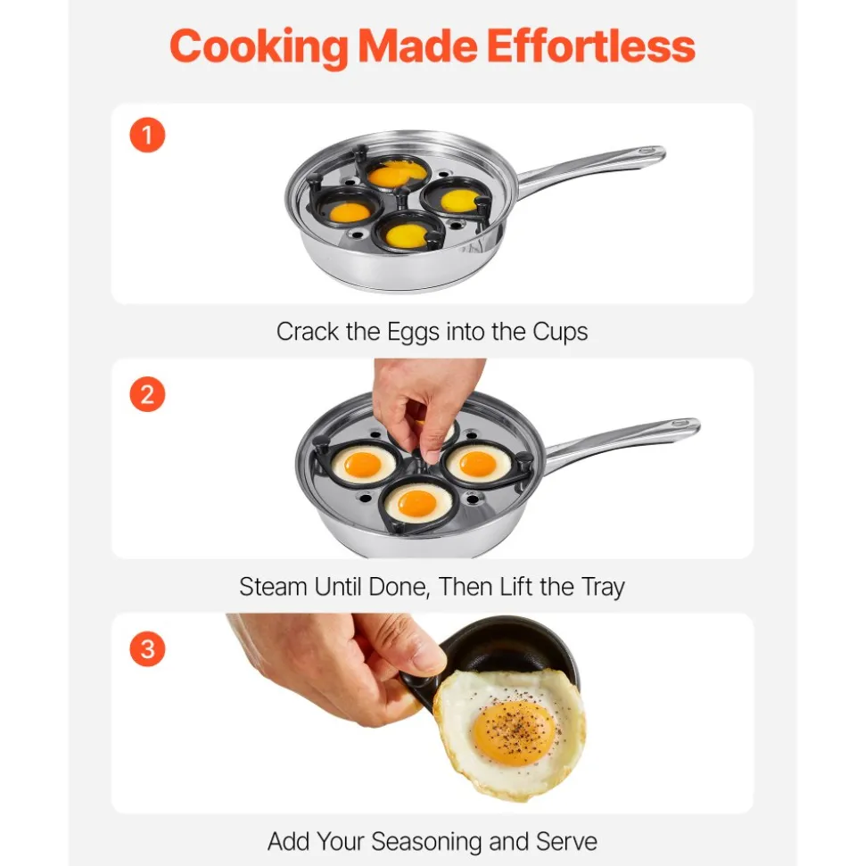 VEVOR Egg Poacher Pan, 4-Cup Poached Egg Maker, Stainless Steel Poaching Pan and Frying Skillet, with 4 Nonsitck Detachable Large Cups, Lid, and Silicone Spatula, Compatible with Induction Stovetop