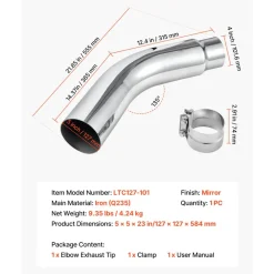 VEVOR Elbow Exhaust Tip, 4 Inch Inlet, 5 Inch Outlet, 23 in Overall Length, Chrome Turn Down Exhaust Tip with Clamp for Truck, Sedan, Sports Car, SUV, Chrome Structure for High Temperature Resistance