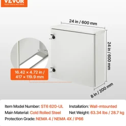 VEVOR Electrical Enclosure, 24'' x 24'' x 8'', NEMA 4 Outdoor Enclosure, IP65 Waterproof & Dustproof Cold-Rolled Carbon Steel Hinged Junction Box for Outdoor Indoor Use, with Rain H