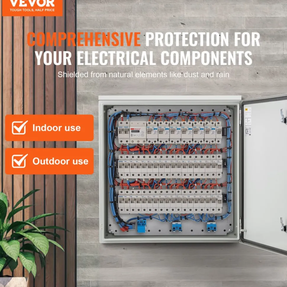 VEVOR Electrical Enclosure, 24'' x 24'' x 8'', NEMA 4 Outdoor Enclosure, IP65 Waterproof & Dustproof Cold-Rolled Carbon Steel Hinged Junction Box for Outdoor Indoor Use, with Rain H