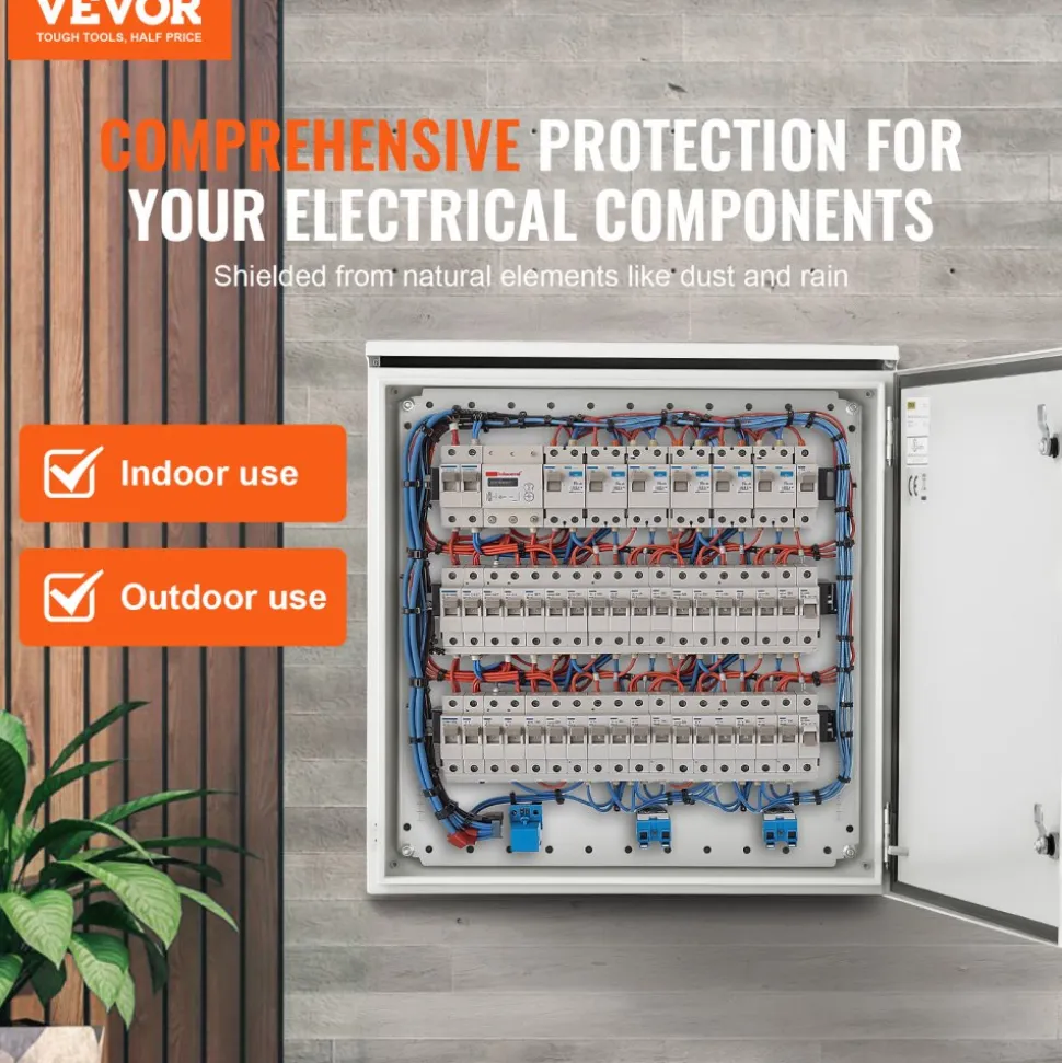VEVOR Electrical Enclosure, 24'' x 24'' x 12'', NEMA 4 Outdoor Enclosure, IP65 Waterproof & Dustproof Cold-Rolled Carbon Steel Hinged Junction Box for Outdoor Indoor Use, with Rain