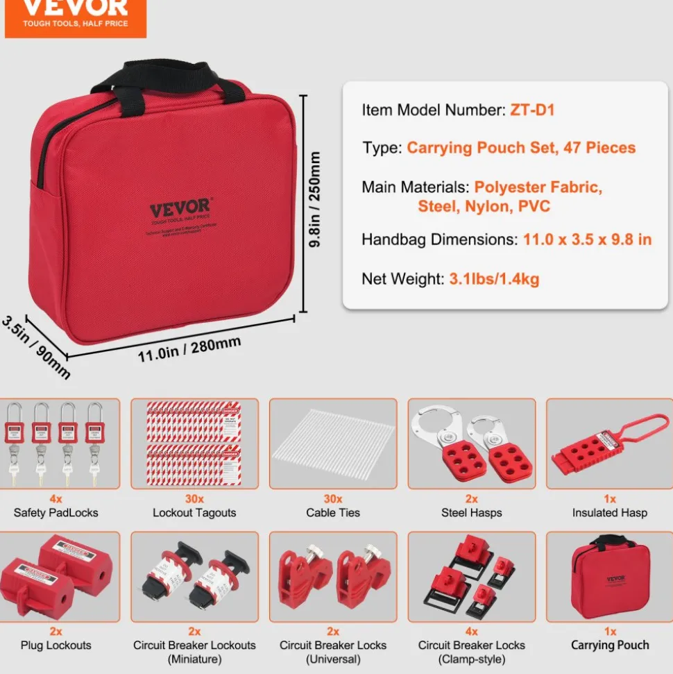 VEVOR Electrical Lockout Tagout Kit, 47 PCS Safety Loto Kit Includes Padlocks, Hasps, Tags, Nylon Ties, Plug Lockouts, Circuit Breaker Lockouts, and Carrying Bag, for Industrial, Electric Power