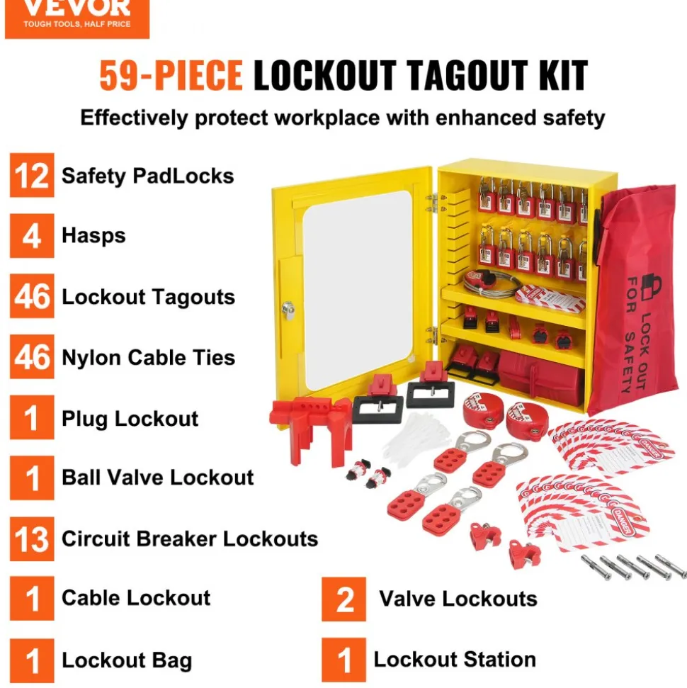 VEVOR Electrical Lockout Tagout Kit, 60 PCS Safety Lockout Tagout Station Includes Padlocks, Hasps, Tags, Nylon Ties, Expansion Kit, and Lockout Station Board, for Industrial, Electric Power