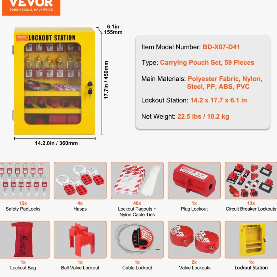 VEVOR Electrical Lockout Tagout Kit, 60 PCS Safety Lockout Tagout Station Includes Padlocks, Hasps, Tags, Nylon Ties, Expansion Kit, and Lockout Station Board, for Industrial, Electric Power