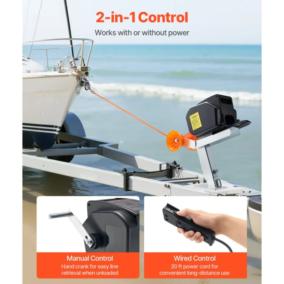 VEVOR Electric Boat Winch, 12V DC 300W, Reversible Electric Trailer Winch for Boats Up to 2000 lbs, Power-in, Power-Out, and Freewheel Operations for Boats with Wired Remote Control & Hand Crank
