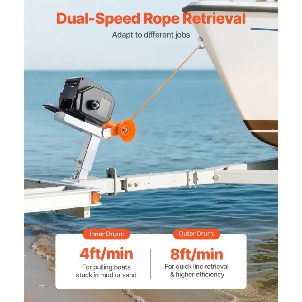 VEVOR Electric Boat Winch, 12V DC 300W, Reversible Electric Trailer Winch for Boats Up to 2000 lbs, Power-in, Power-Out, and Freewheel Operations for Boats with Wired Remote Control & Hand Crank