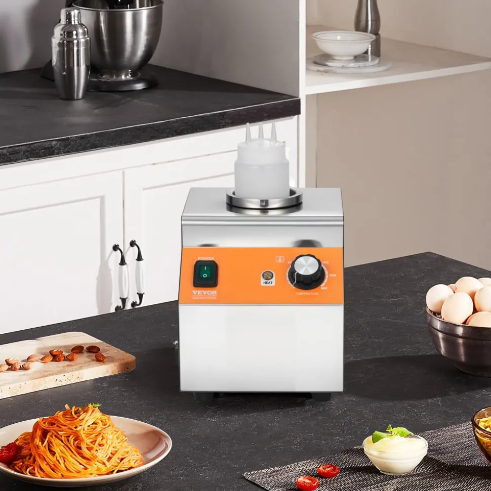 VEVOR Electric Bottle Warmer with Bottle, 0.8L Commercial Cheese Dispenser, Hot Fudge Warmer 86-185℉ Temp Adjustable, Plastic Bottle Nacho Cheese Sauce Warmer for Hot Fudge Cheese Caramel, Square