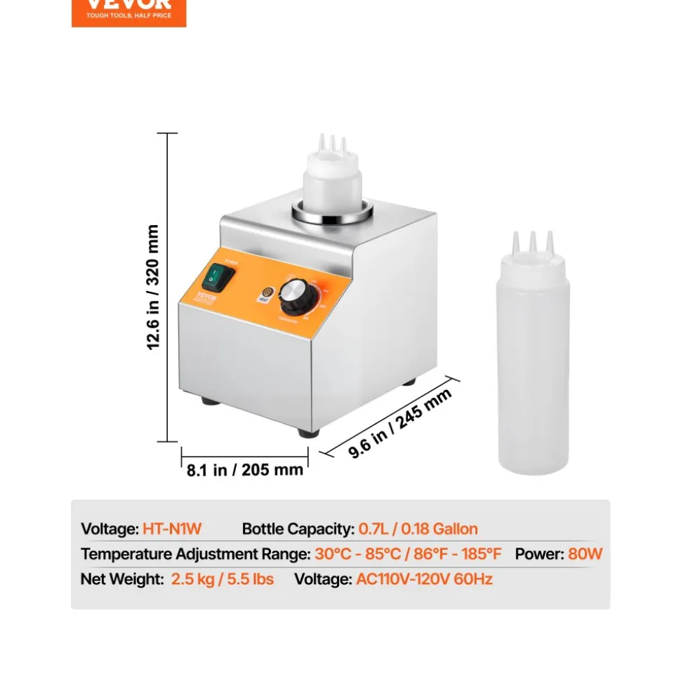VEVOR Electric Bottle Warmer with Bottle, 0.8L Commercial Cheese Dispenser, Hot Fudge Warmer 86-185℉ Temp Adjustable, Plastic Bottle Nacho Cheese Sauce Warmer for Hot Fudge Cheese Caramel, Square