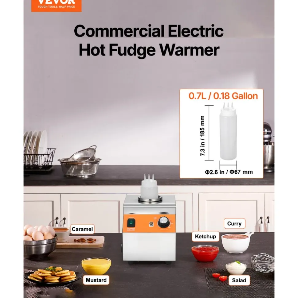 VEVOR Electric Bottle Warmer with Bottle, 0.8L Commercial Cheese Dispenser, Hot Fudge Warmer 86-185℉ Temp Adjustable, Plastic Bottle Nacho Cheese Sauce Warmer for Hot Fudge Cheese Caramel, Square