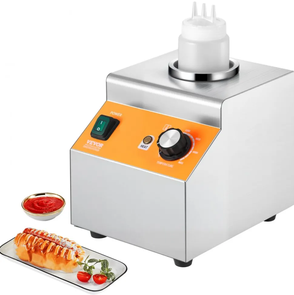 VEVOR Electric Bottle Warmer with Bottle, 0.8L Commercial Cheese Dispenser, Hot Fudge Warmer 86-185℉ Temp Adjustable, Plastic Bottle Nacho Cheese Sauce Warmer for Hot Fudge Cheese Caramel, Square