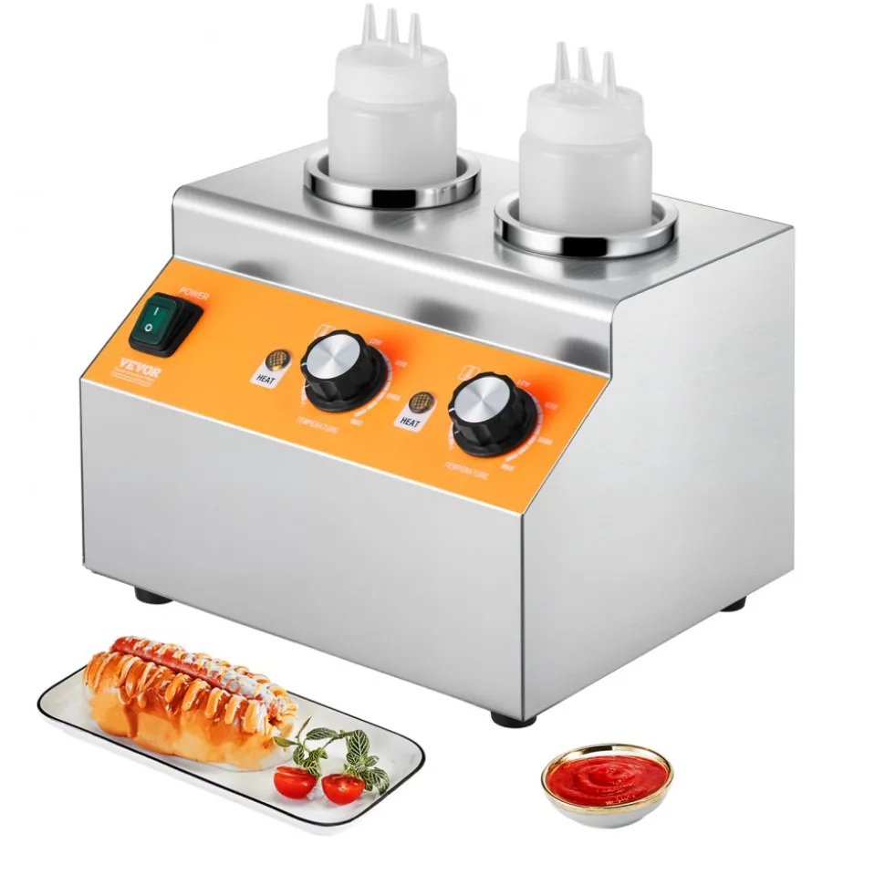 VEVOR Electric Bottle Warmer with Bottles, 0.8x2 LCommercial Cheese Dispenser, Hot Fudge Warmer 86-185℉ Temp Adjustable, Plastic Double Bottles Nacho Cheese Warmer, for Hot Fudge Cheese Caramel