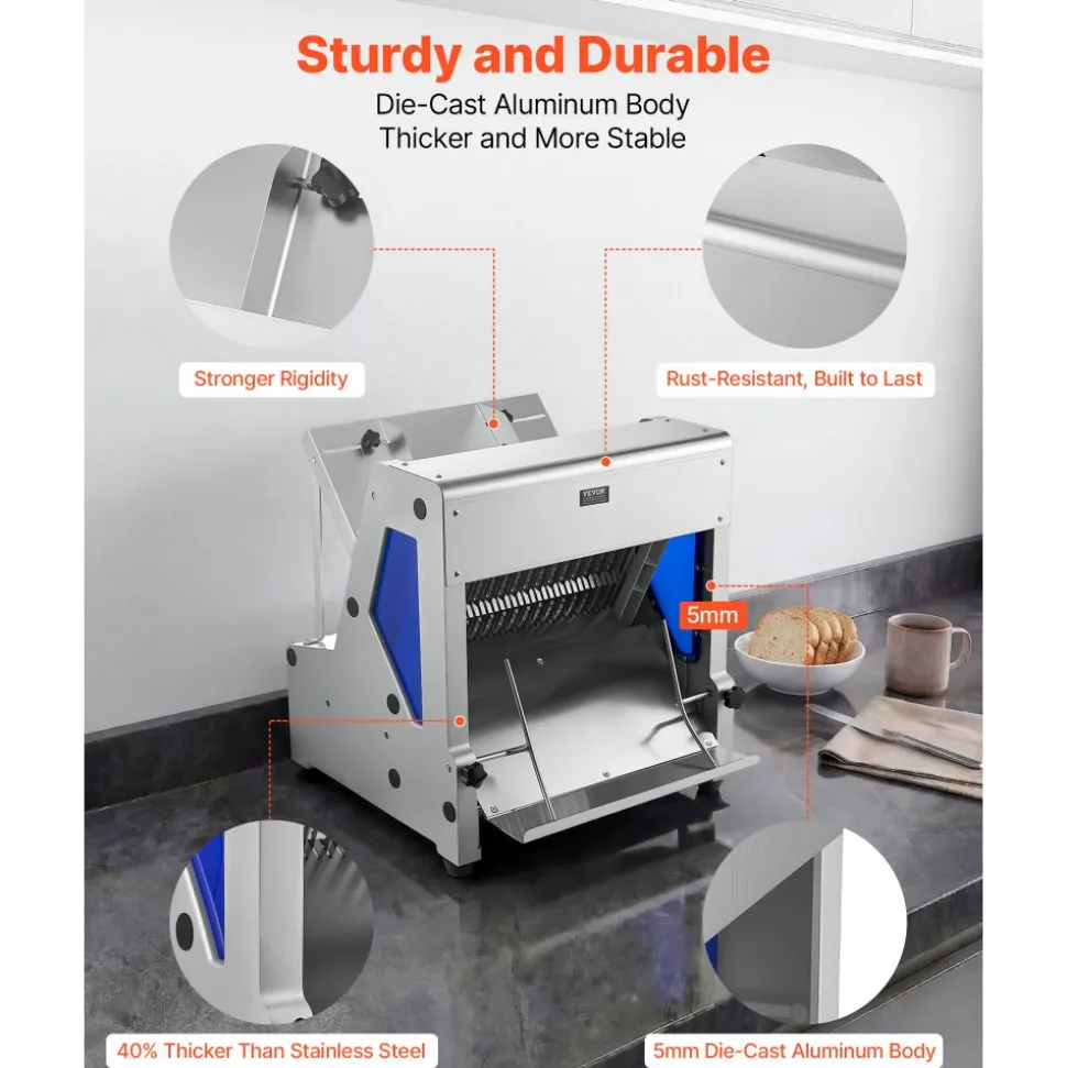 VEVOR Electric Bread Slicer, 370W Bread Slicing Machine, Die-Cast Aluminum Countertop Bread Cutter Machine for 12mm Slice Thickness, Commercial & Home Use for Bakeries Restaurants, 120V
