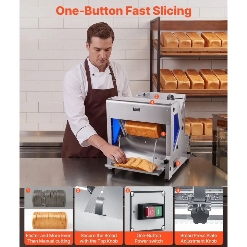 VEVOR Electric Bread Slicer, 370W Bread Slicing Machine, Die-Cast Aluminum Countertop Bread Cutter Machine for 12mm Slice Thickness, Commercial & Home Use for Bakeries Restaurants, 120V
