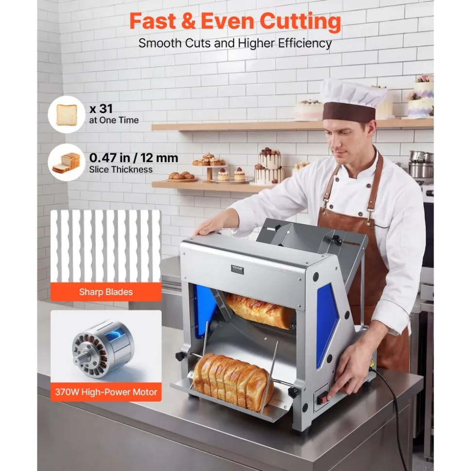 VEVOR Electric Bread Slicer, 370W Bread Slicing Machine, Die-Cast Aluminum Countertop Bread Cutter Machine for 12mm Slice Thickness, Commercial & Home Use for Bakeries Restaurants, 120V