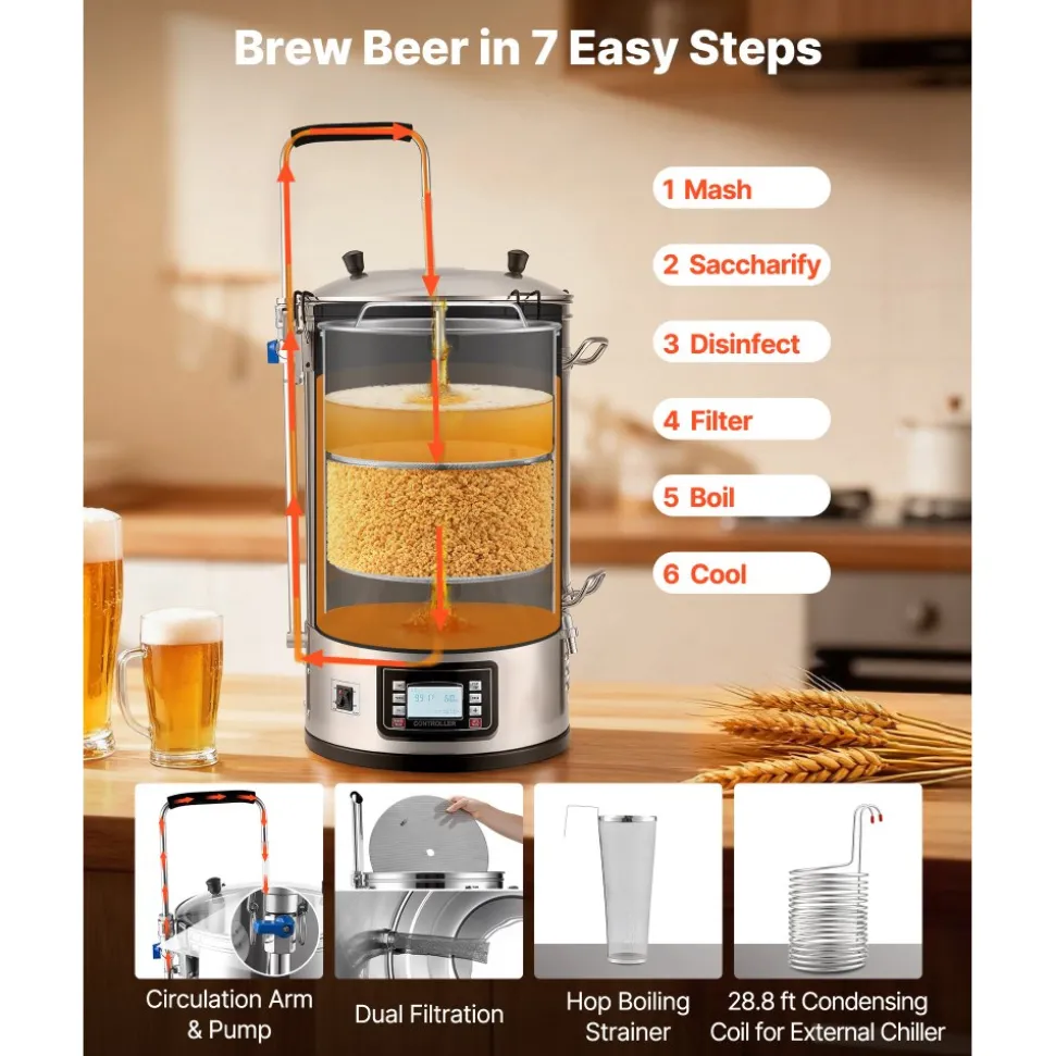 VEVOR Electric Brewing System, 8 Gal/30 L Brewing Capacity, All-in-One Home Beer Brewer with Pump, Mash Boil Device with Panel, Auto/Manual Mode 100-1800W Power 25-100℃ Temp 1-180 min Timer Recipe Memory