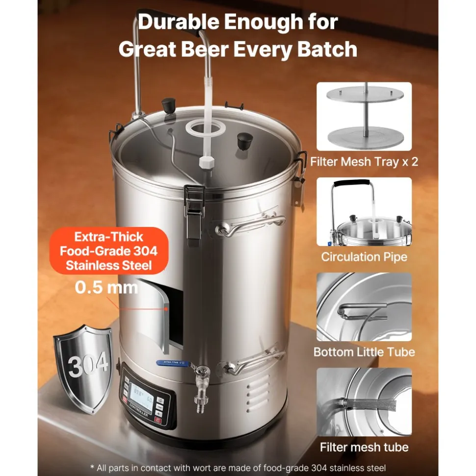 VEVOR Electric Brewing System, 8 Gal/30 L Brewing Capacity, All-in-One Home Beer Brewer with Pump, Mash Boil Device with Panel, Auto/Manual Mode 100-1800W Power 25-100℃ Temp 1-180 min Timer Recipe Memory