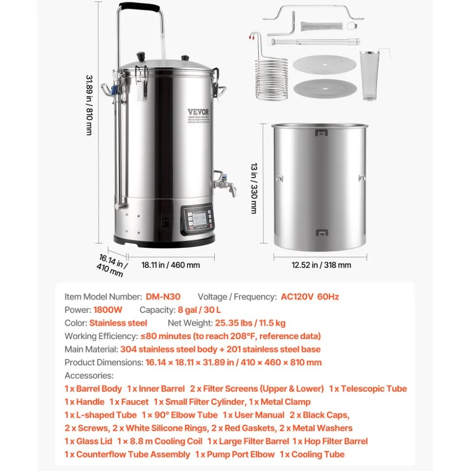 VEVOR Electric Brewing System, 8 Gal/30 L Brewing Capacity, All-in-One Home Beer Brewer with Pump, Mash Boil Device with Panel, Auto/Manual Mode 100-1800W Power 25-100℃ Temp 1-180 min Timer Recipe Memory