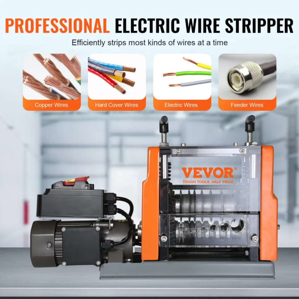 VEVOR Electric Cable Stripping Tool, 0.06''-0.98'' Motorized Wire Stripper, 60W, Features Clear Depth Gauge, Includes 6 Circular & 1 Flat Channels for Efficient Copper Wire Recycling