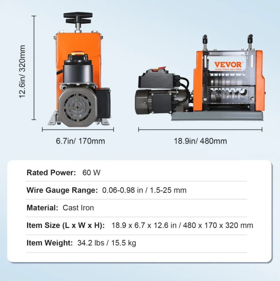 VEVOR Electric Cable Stripping Tool, 0.06''-0.98'' Motorized Wire Stripper, 60W, Features Clear Depth Gauge, Includes 6 Circular & 1 Flat Channels for Efficient Copper Wire Recycling
