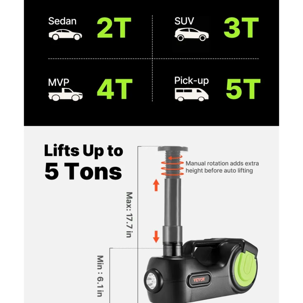 VEVOR Electric Car Jack 5 Ton Car Jack Hydraulic with Electric Impact Wrench, LED Light Hydraulic Auto Repair Tool, 135-360 mm Lifting Range for SUV MPV Sedan Truck Repair