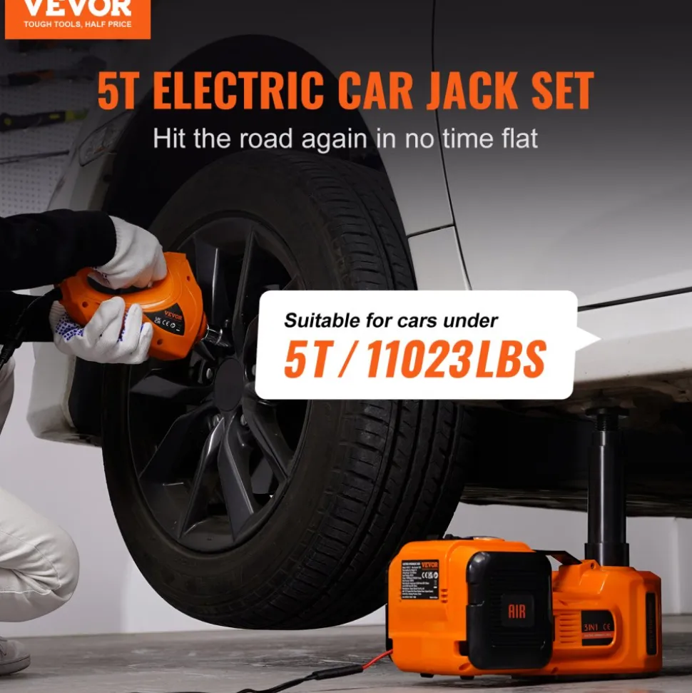 VEVOR Electric Car Jack, 5 Ton/11023 LBS Hydraulic Jack with Electric Impact Wrench, Portable Car Lift with Built-in Inflatable Pump, and LED Light for SUV MPV Sedan Truck Change Tires Garage Repair