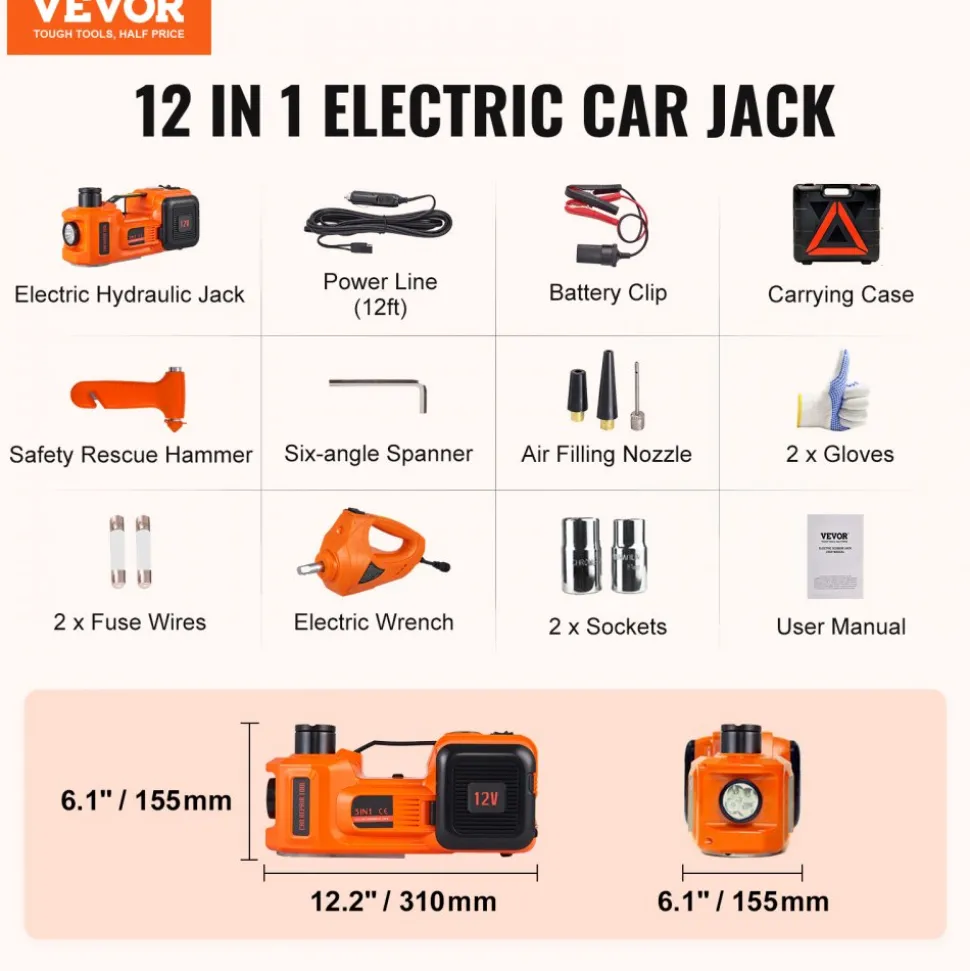 VEVOR Electric Car Jack, 5 Ton/11023 LBS Hydraulic Jack with Electric Impact Wrench, Portable Car Lift with Built-in Inflatable Pump, and LED Light for SUV MPV Sedan Truck Change Tires Garage Repair