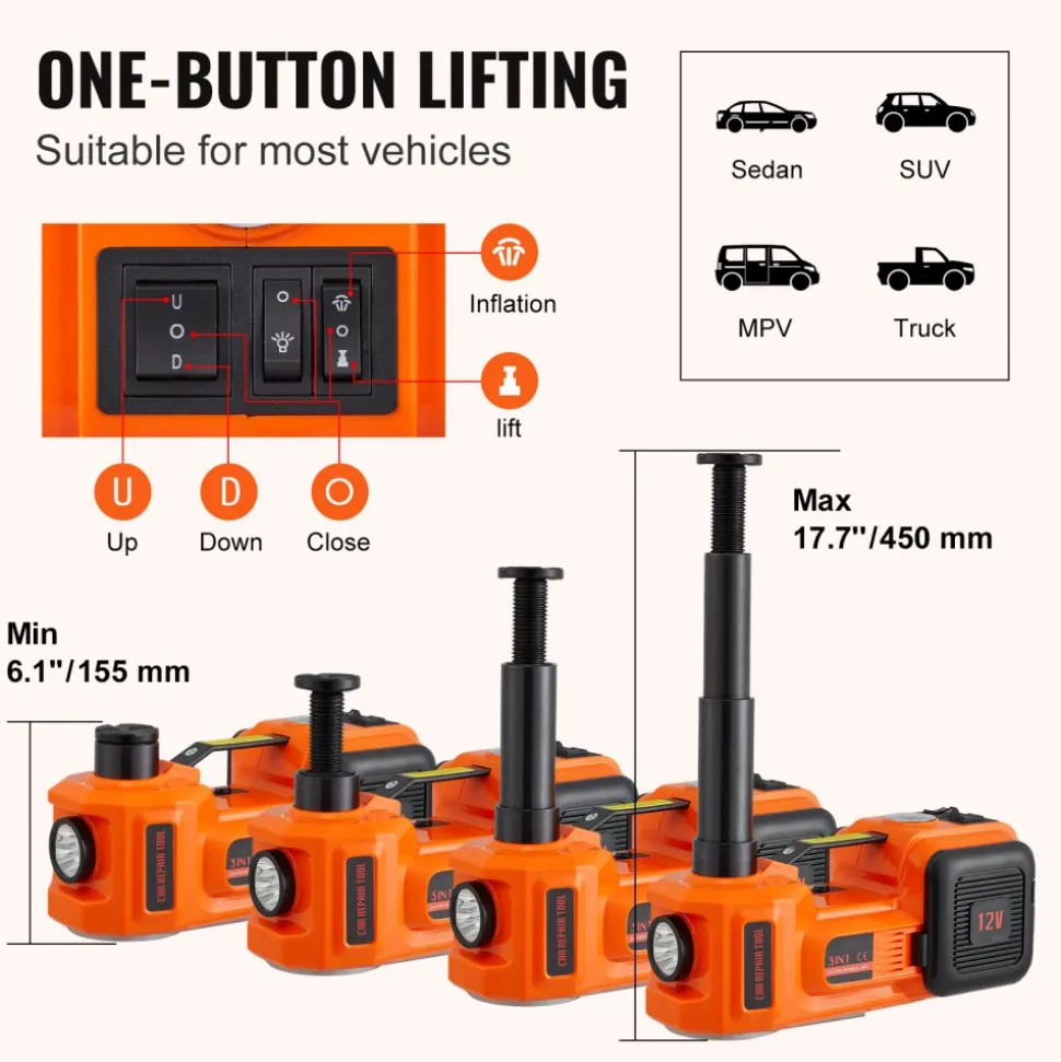 VEVOR Electric Car Jack, 5 Ton/11023 LBS Hydraulic Car Jack, Portable Car Jack Lifting with Built-in Inflatable Pump and LED Light, Car Jack for SUV MPV Sedan Truck Change Tires Garage Repair