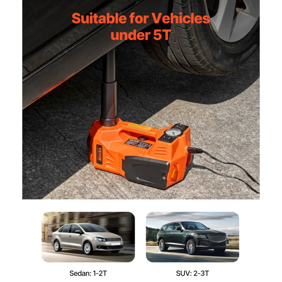 VEVOR Electric Car Jack, 5 Tons /11000 lbs, Electric Scissor Jack with Built-In Inflator, 12V Adjustable Tire Change Replacement with Secure Hammer & LED Light, Portable Jack kit for Sedan, SUV, Truck