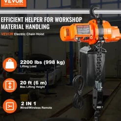 VEVOR Electric Chain Hoist, 2200 lbs Load, 20 ft Lifting Height, 6.9 ft/min Speed, 120V, Single Phase Overhead Crane with Chain, 328 ft Wireless & 15 ft Wired Remote Control for Garage, Shop, and Home