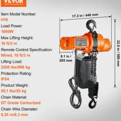 VEVOR Electric Chain Hoist, 2200 lbs Load Capacity, 10 ft Lifting Height, 6.9 ft/min Speed, 120V, Single Phase Overhead Crane with Chain, 10 ft Wired Remote Control for Garage, Shop, Hotel, and Home