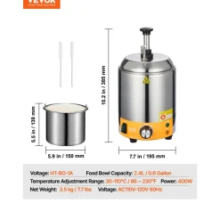 VEVOR Electric Cheese Dispenser with Pump, 2.4L Commercial Hot Fudge Warmer, Stainless Steel Pump Dispenser, 86-230℉ Temp Adjustable Nacho Cheese Sauce Warmer, for Hot Fudge Cheese Caramel