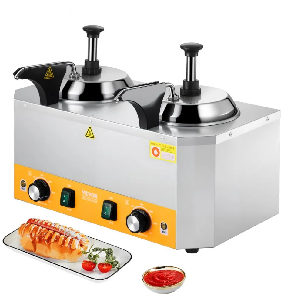VEVOR Electric Cheese Dispenser with Pumps, 2.4x2 L Commercial Hot Fudge Warmer, Stainless Steel Heated Double Pumps Dispenser, 86-230℉ Temp Adjustable Nacho Cheese Warmer for Fudge Cheese Caramel