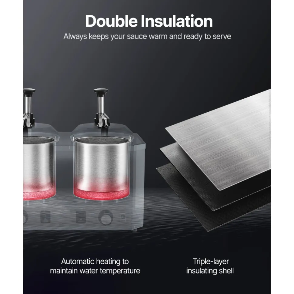VEVOR Electric Cheese Dispenser with Pumps, 2.4x2 L Commercial Hot Fudge Warmer, Stainless Steel Heated Double Pumps Dispenser, 86-230℉ Temp Adjustable Nacho Cheese Warmer for Fudge Cheese Caramel