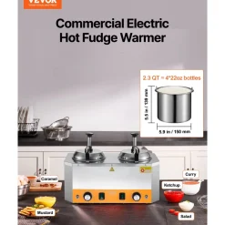 VEVOR Electric Cheese Dispenser with Pumps, 2.4x2 L Commercial Hot Fudge Warmer, Stainless Steel Heated Double Pumps Dispenser, 86-230℉ Temp Adjustable Nacho Cheese Warmer for Fudge Cheese Caramel