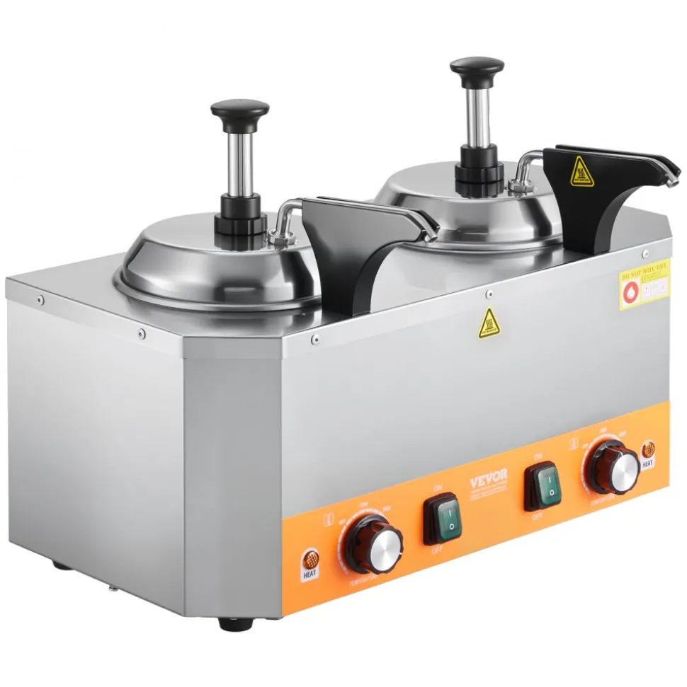 VEVOR Electric Cheese Dispenser with Pumps, 2.4x2 L Commercial Hot Fudge Warmer, Stainless Steel Heated Double Pumps Dispenser, 86-230℉ Temp Adjustable Nacho Cheese Warmer for Fudge Cheese Caramel