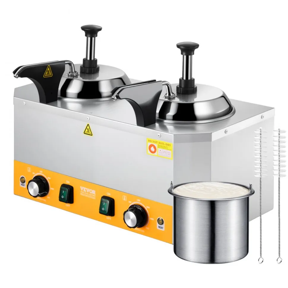 VEVOR Electric Cheese Dispenser with Pumps, 2.4x2 L Commercial Hot Fudge Warmer, Stainless Steel Heated Double Pumps Dispenser, 86-230℉ Temp Adjustable Nacho Cheese Warmer for Fudge Cheese Caramel