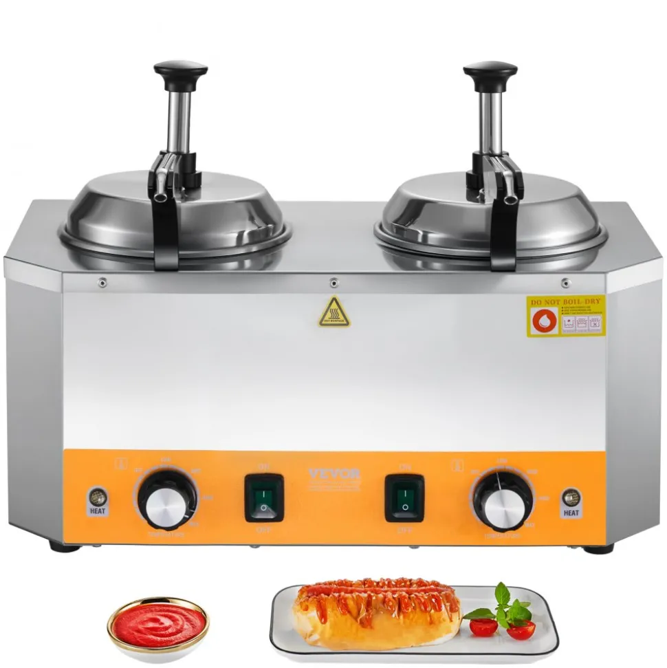 VEVOR Electric Cheese Dispenser with Pumps, 2.4x2 L Commercial Hot Fudge Warmer, Stainless Steel Heated Double Pumps Dispenser, 86-230℉ Temp Adjustable Nacho Cheese Warmer for Fudge Cheese Caramel