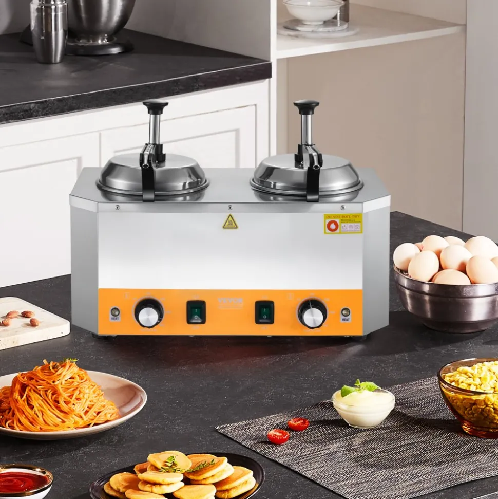 VEVOR Electric Cheese Dispenser with Pumps, 2.4x2 L Commercial Hot Fudge Warmer, Stainless Steel Heated Double Pumps Dispenser, 86-230℉ Temp Adjustable Nacho Cheese Warmer for Fudge Cheese Caramel