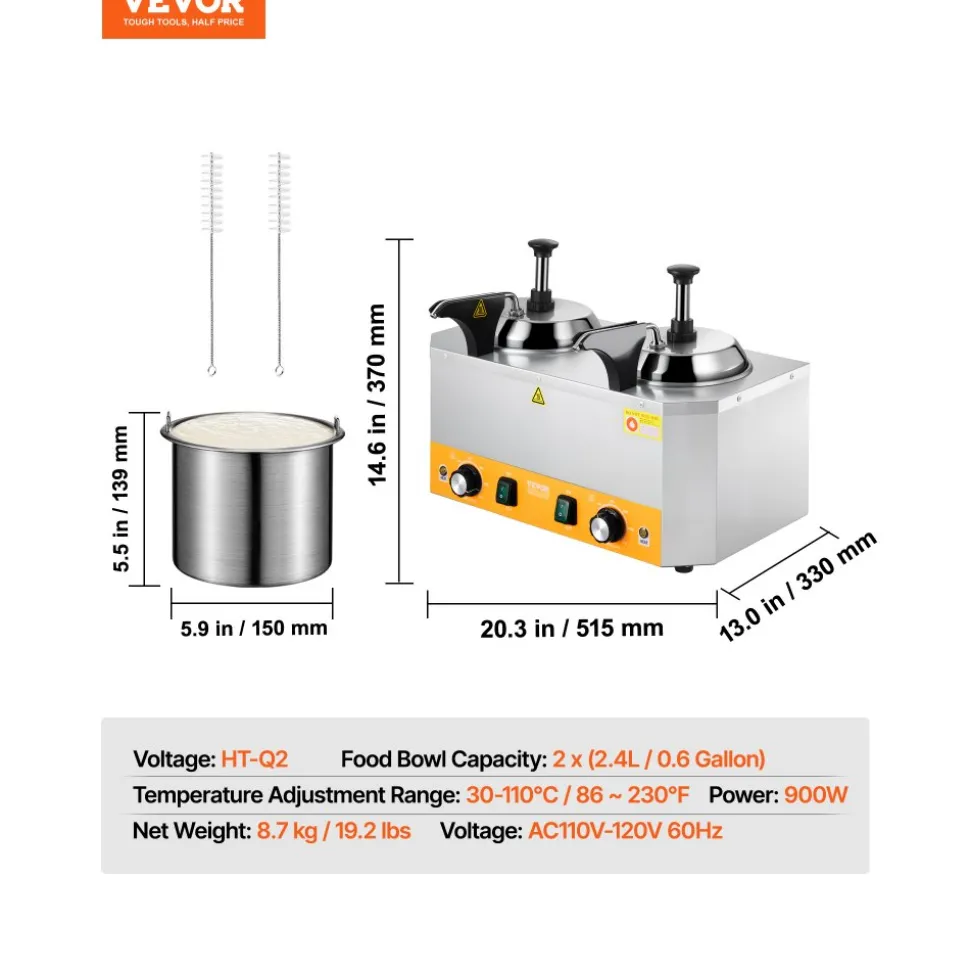 VEVOR Electric Cheese Dispenser with Pumps, 2.4x2 L Commercial Hot Fudge Warmer, Stainless Steel Heated Double Pumps Dispenser, 86-230℉ Temp Adjustable Nacho Cheese Warmer for Fudge Cheese Caramel