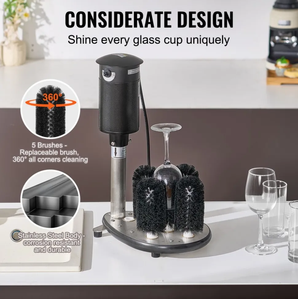 VEVOR Electric Commercial Glass Washer, 5-Brush Bar Glass Cleaner, 1200 Cups/Hour Wine Glass Cleaning Machine, Bar Glass Washer for Champagne Glasses, Beer Cups, Mugs, Perfect for Bars and Cafes