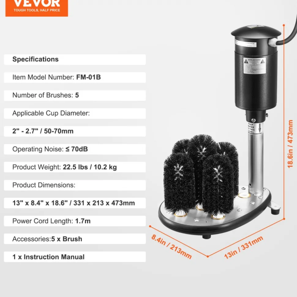 VEVOR Electric Commercial Glass Washer, 5-Brush Bar Glass Cleaner, 1200 Cups/Hour Wine Glass Cleaning Machine, Bar Glass Washer for Champagne Glasses, Beer Cups, Mugs, Perfect for Bars and Cafes