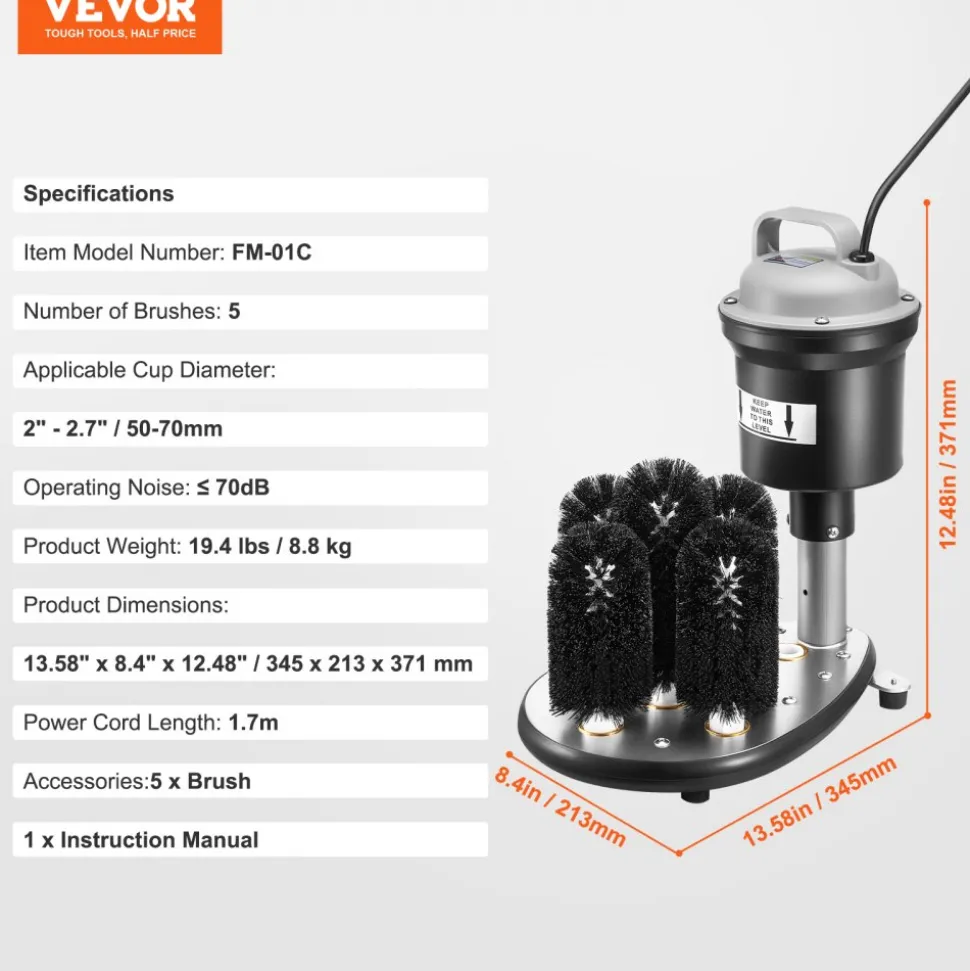 VEVOR Electric Commercial Glass Washer, 5-Brush Bar Glass Cleaner, 1200 Cups/Hour Wine Glass Cleaning Machine, Bar Glass Washer for Champagne Glasses, Beer Cups, Mugs, Perfect for Bars and Cafes