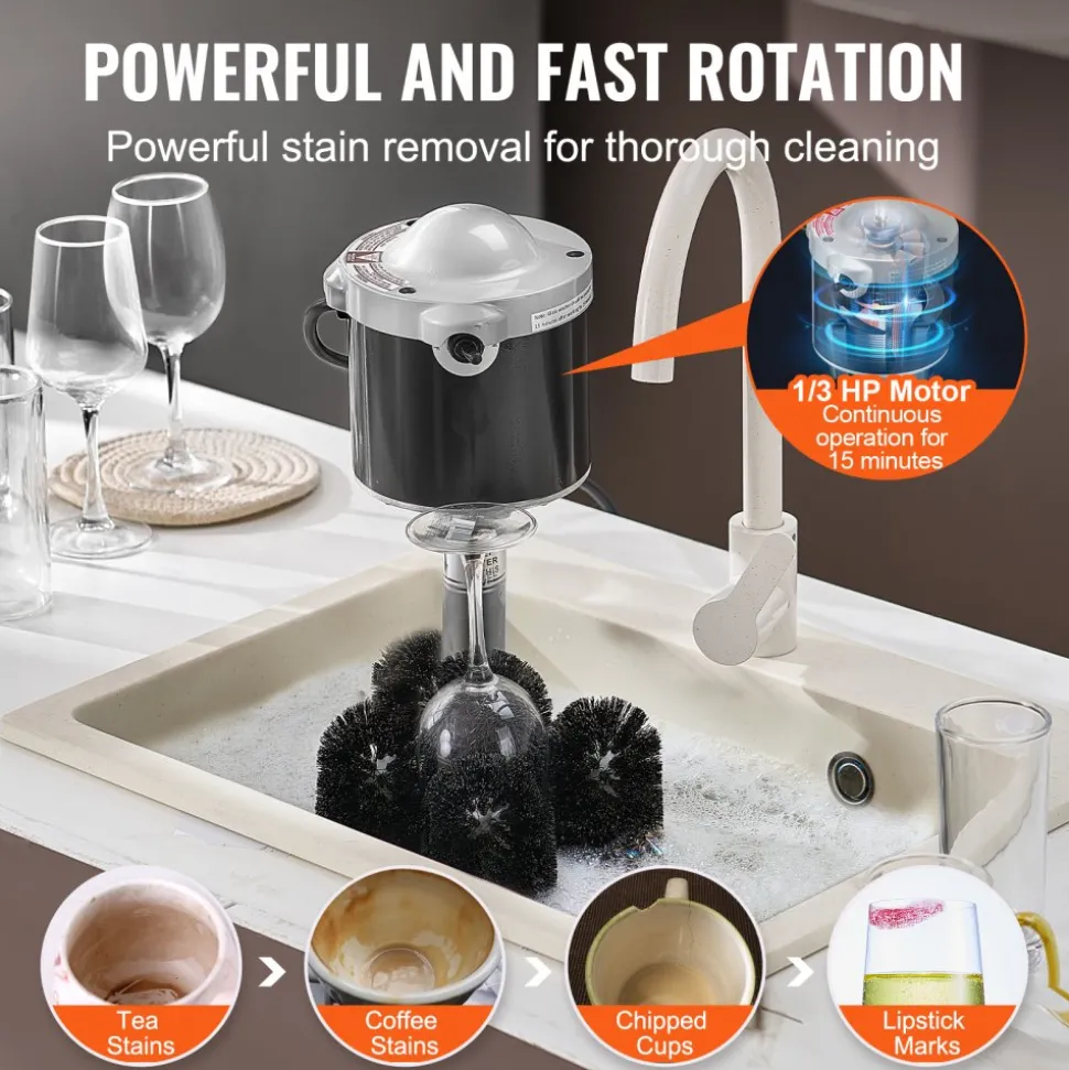 VEVOR Electric Commercial Glass Washer, 5-Brush Bar Glass Cleaner, 600 Cups/Hour Wine Glass Cleaning Machine, Bar Glass Washer for Champagne Glasses, Beer Cups, Mugs, Perfect for Bars and Cafes