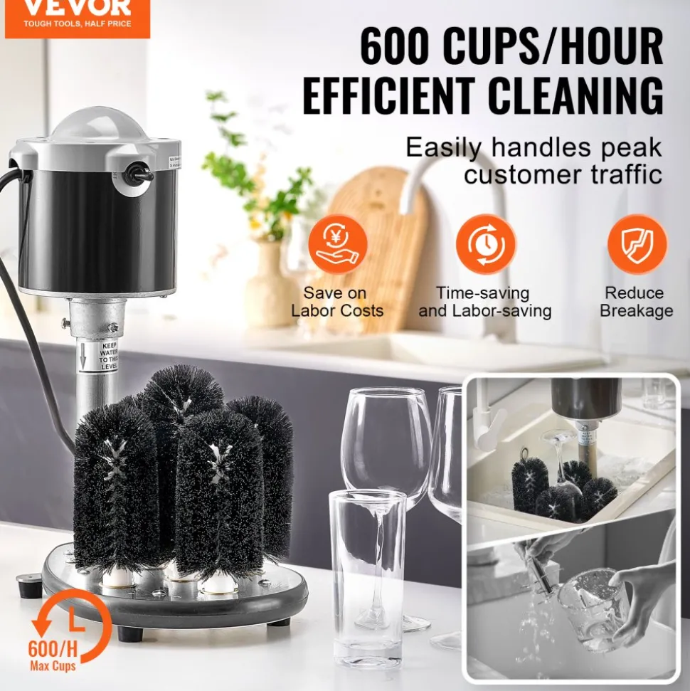 VEVOR Electric Commercial Glass Washer, 5-Brush Bar Glass Cleaner, 600 Cups/Hour Wine Glass Cleaning Machine, Bar Glass Washer for Champagne Glasses, Beer Cups, Mugs, Perfect for Bars and Cafes