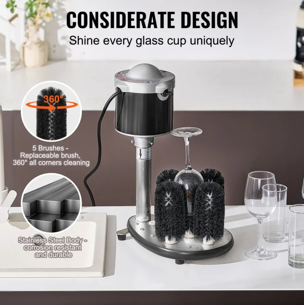 VEVOR Electric Commercial Glass Washer, 5-Brush Bar Glass Cleaner, 600 Cups/Hour Wine Glass Cleaning Machine, Bar Glass Washer for Champagne Glasses, Beer Cups, Mugs, Perfect for Bars and Cafes
