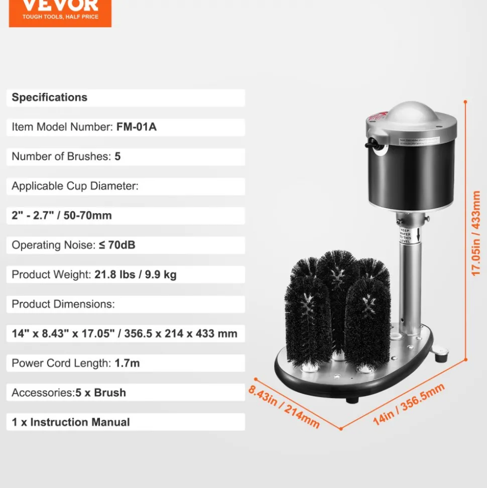 VEVOR Electric Commercial Glass Washer, 5-Brush Bar Glass Cleaner, 600 Cups/Hour Wine Glass Cleaning Machine, Bar Glass Washer for Champagne Glasses, Beer Cups, Mugs, Perfect for Bars and Cafes